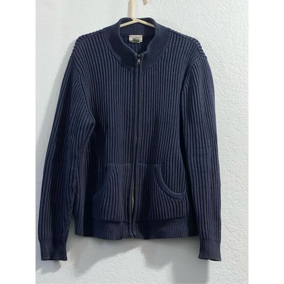 L.L.Bean Sweater Sz L Blue Full Zip Cotton Knit Classic 90s Grandpa Mock Neck - Picture 1 of 3